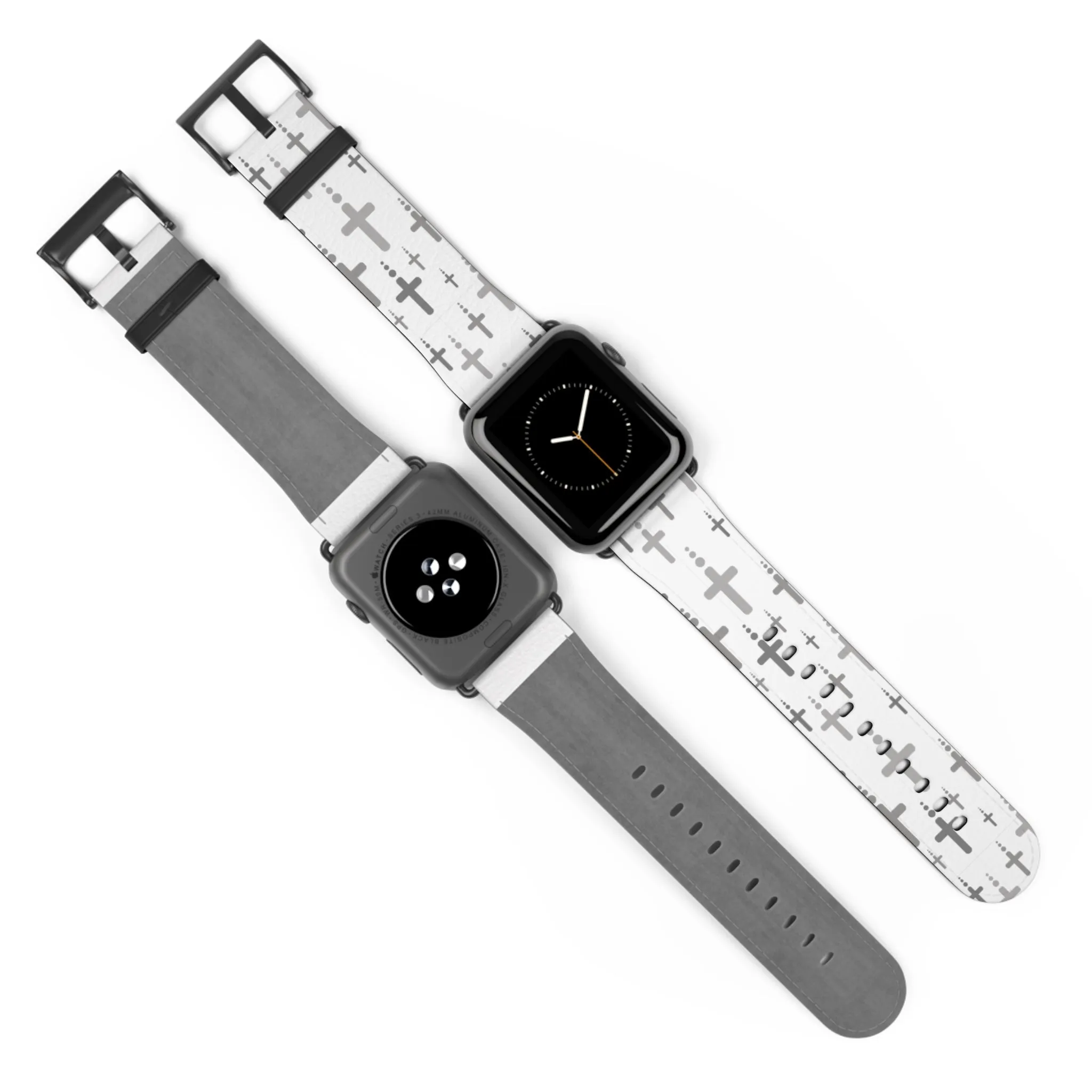 Crosses Watch Band - Silver Crosses/White Faux Leather 38-41/42-45