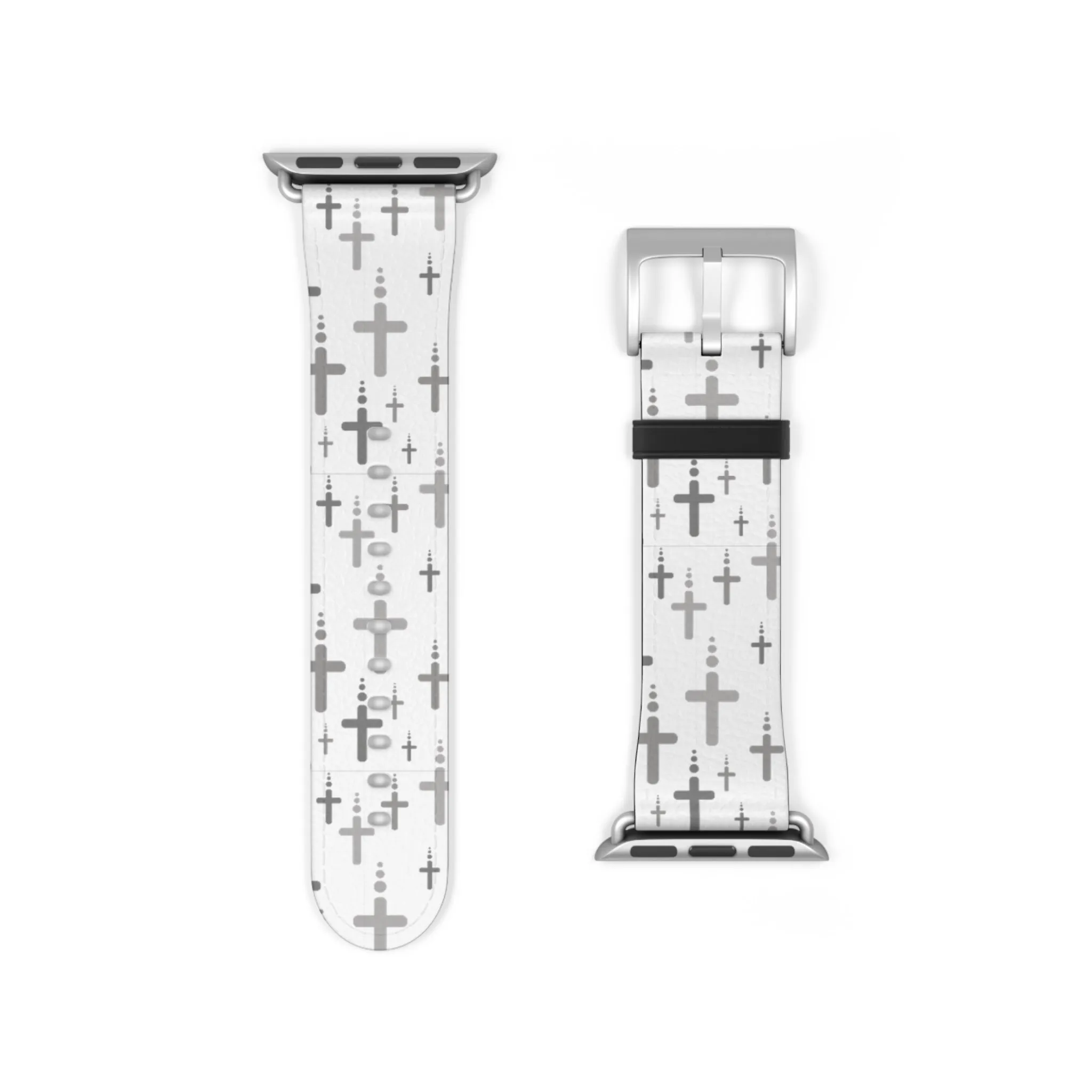 Crosses Watch Band - Silver Crosses/White Faux Leather 38-41/42-45