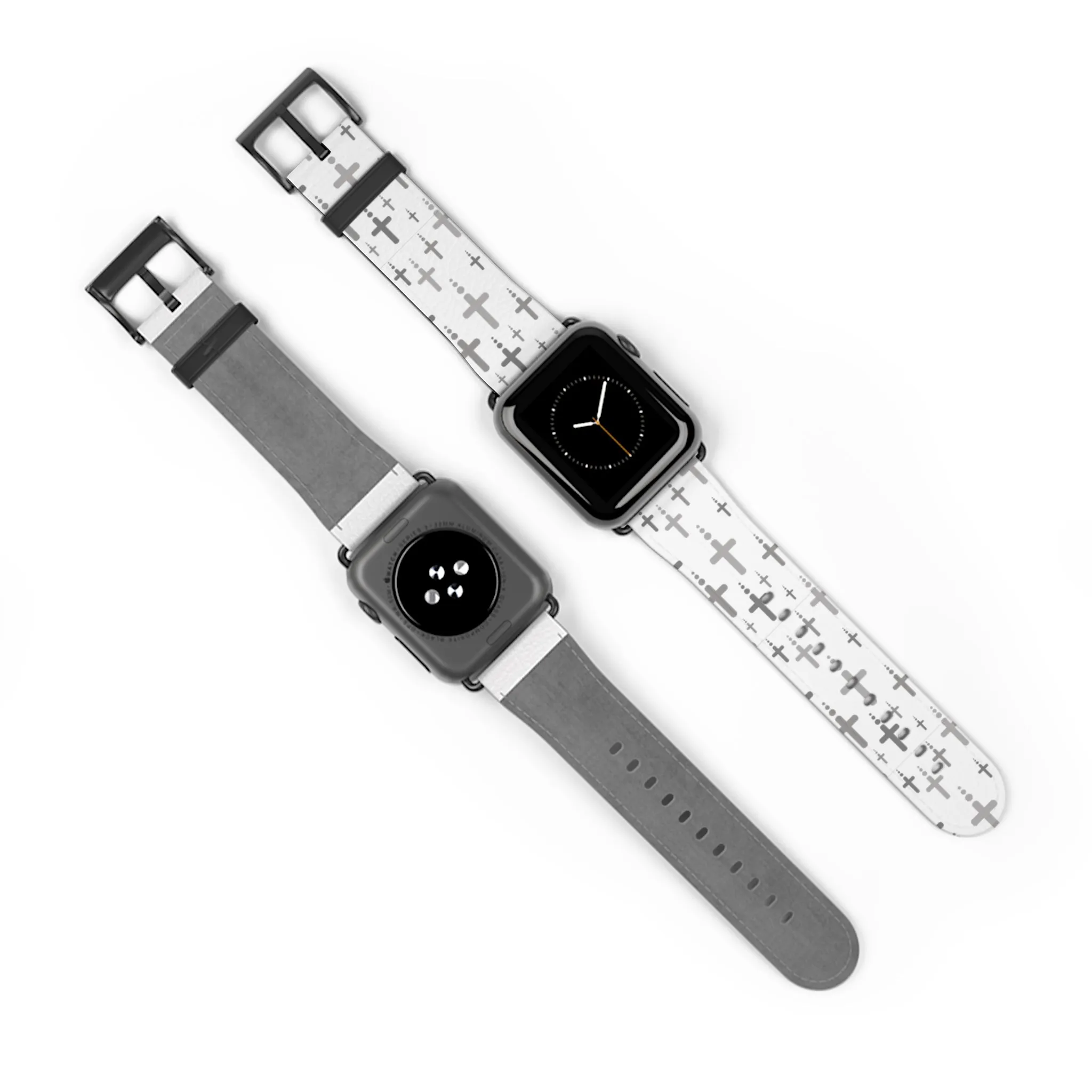 Crosses Watch Band - Silver Crosses/White Faux Leather 38-41/42-45