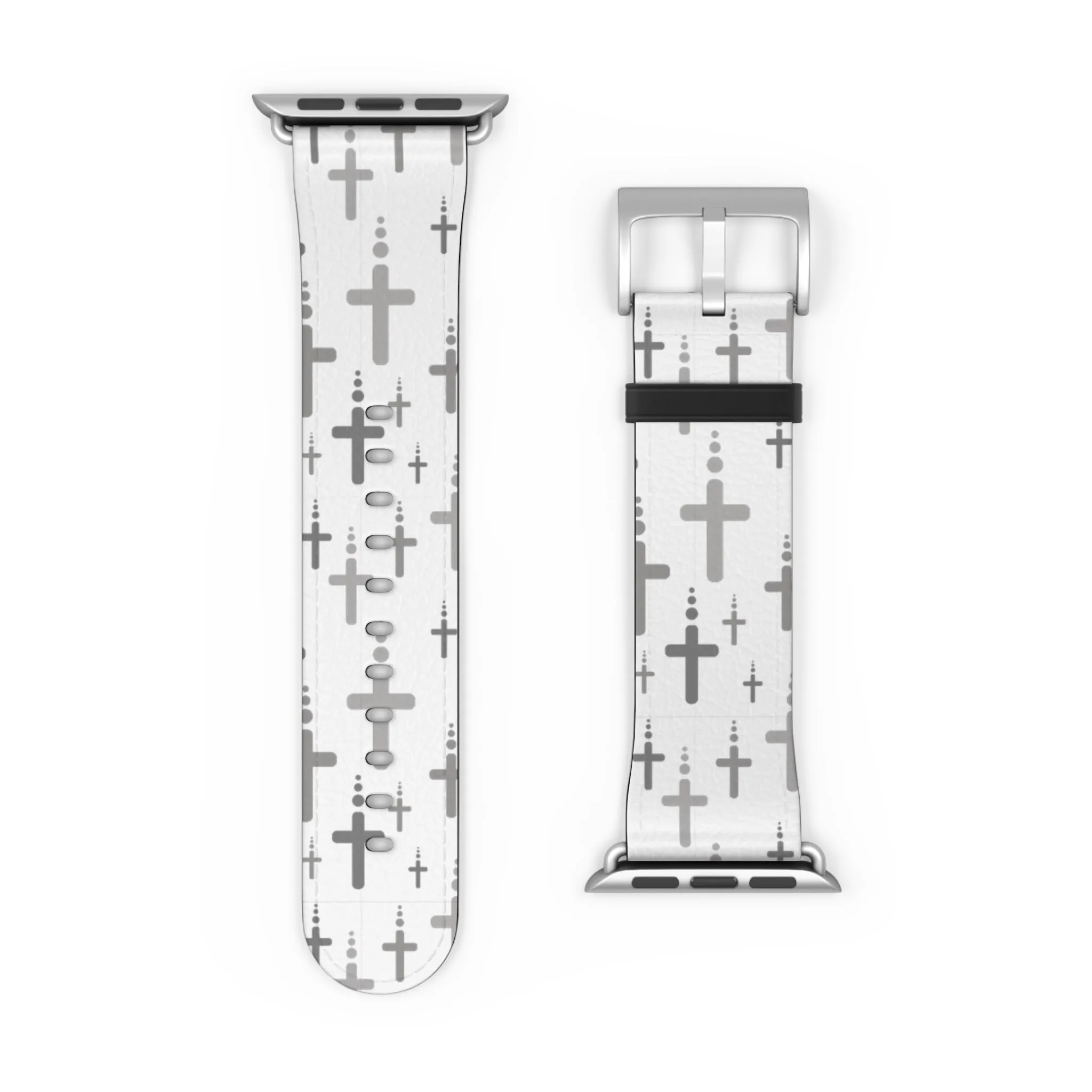 Crosses Watch Band - Silver Crosses/White Faux Leather 38-41/42-45