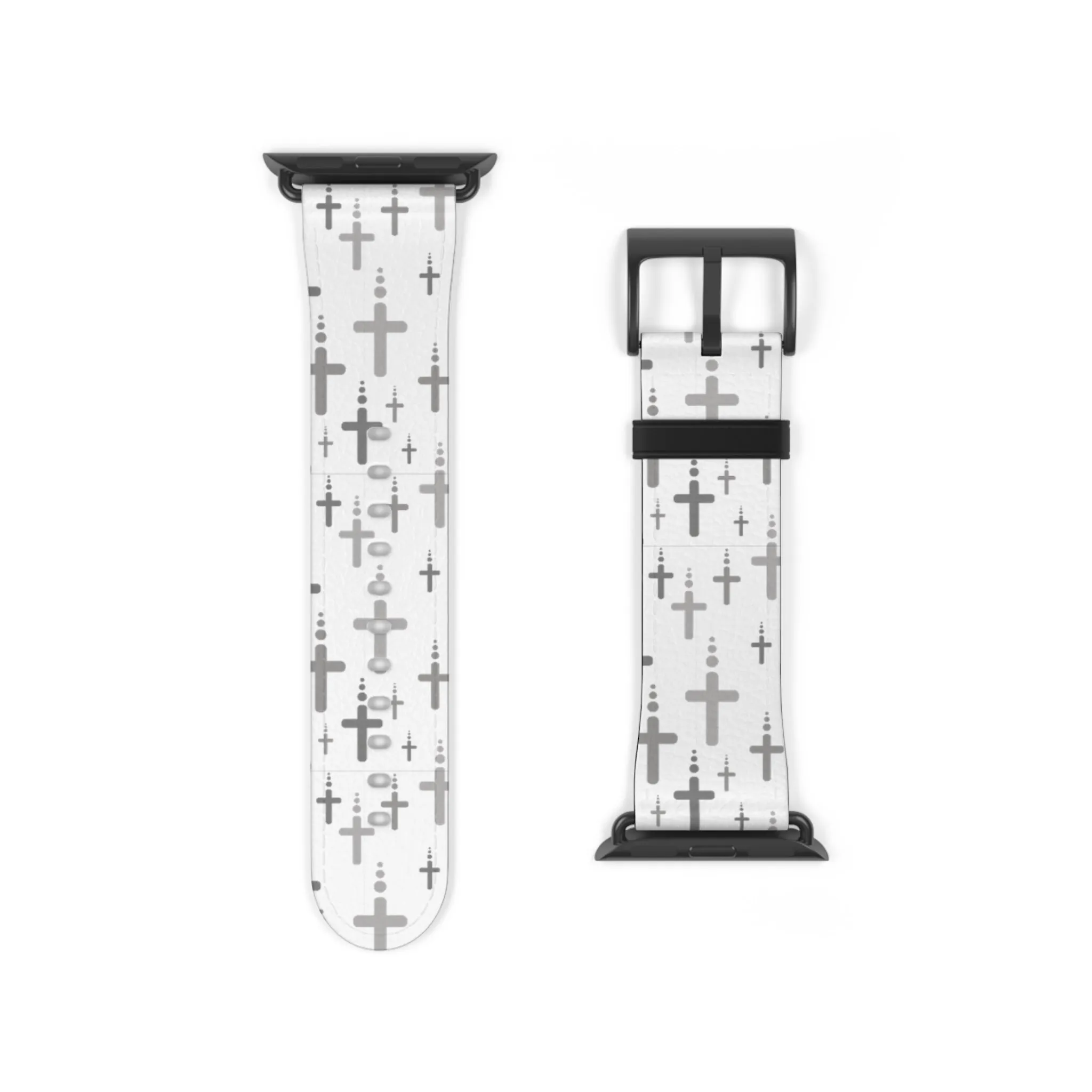 Crosses Watch Band - Silver Crosses/White Faux Leather 38-41/42-45