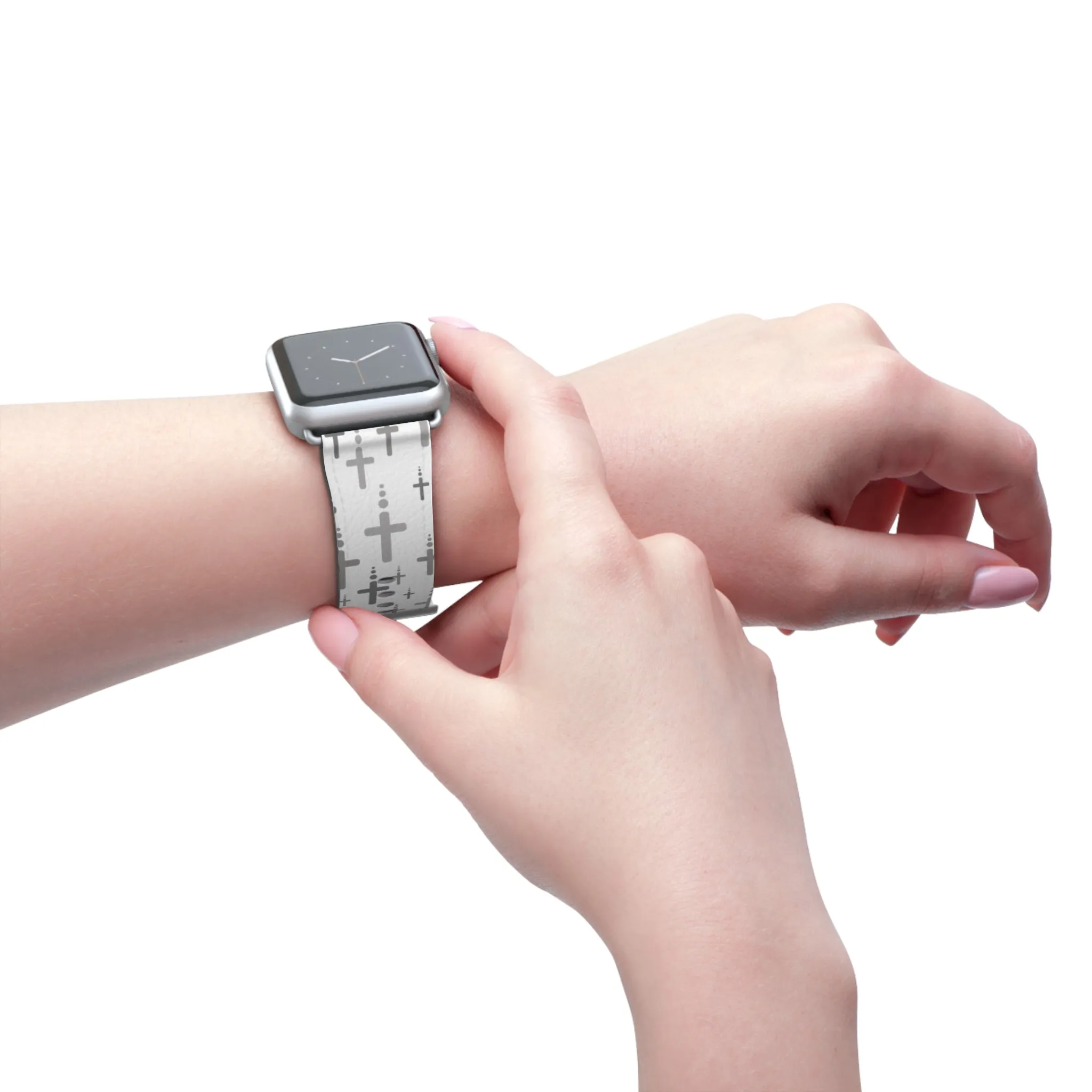 Crosses Watch Band - Silver Crosses/White Faux Leather 38-41/42-45