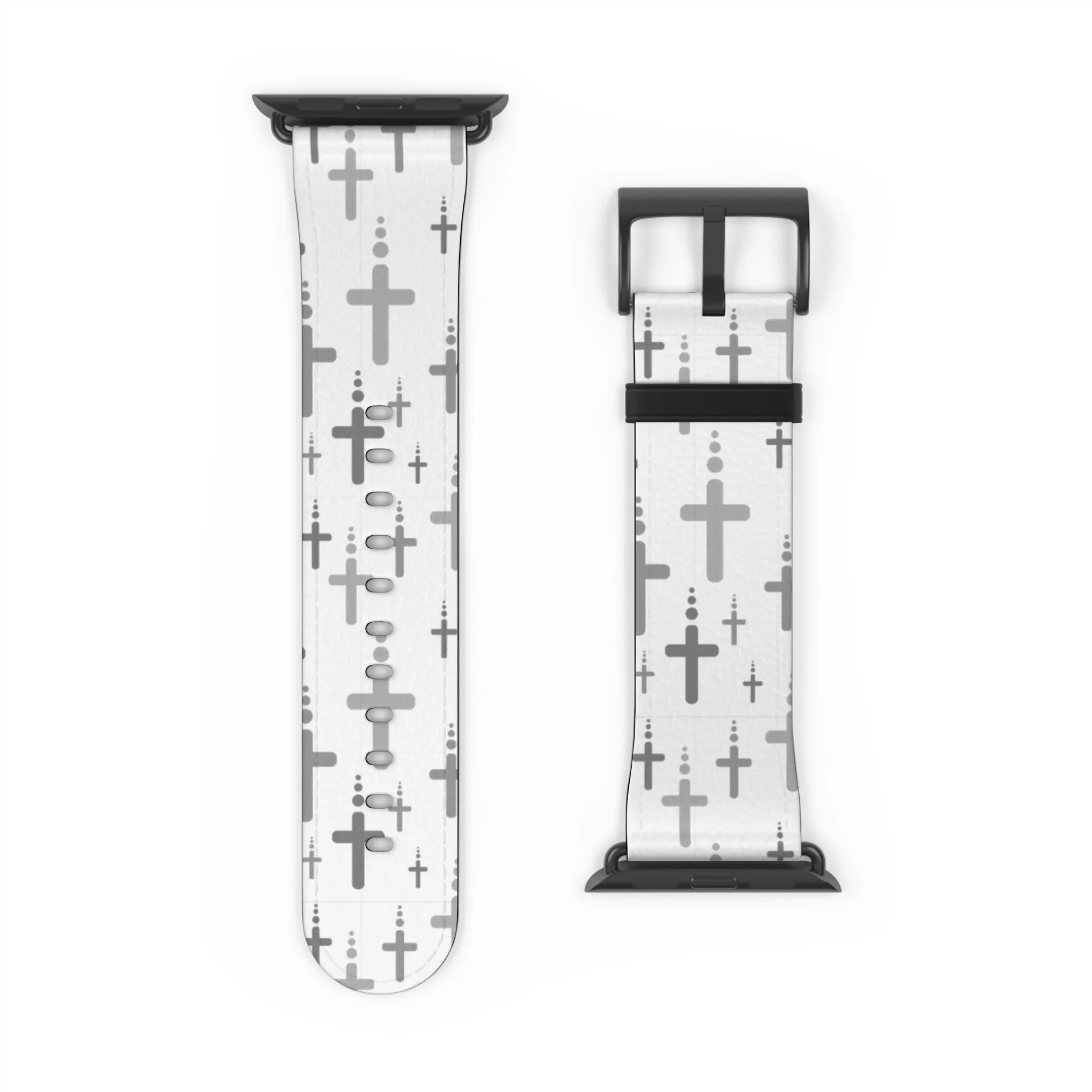 Crosses Watch Band - Silver Crosses/White Faux Leather 38-41/42-45