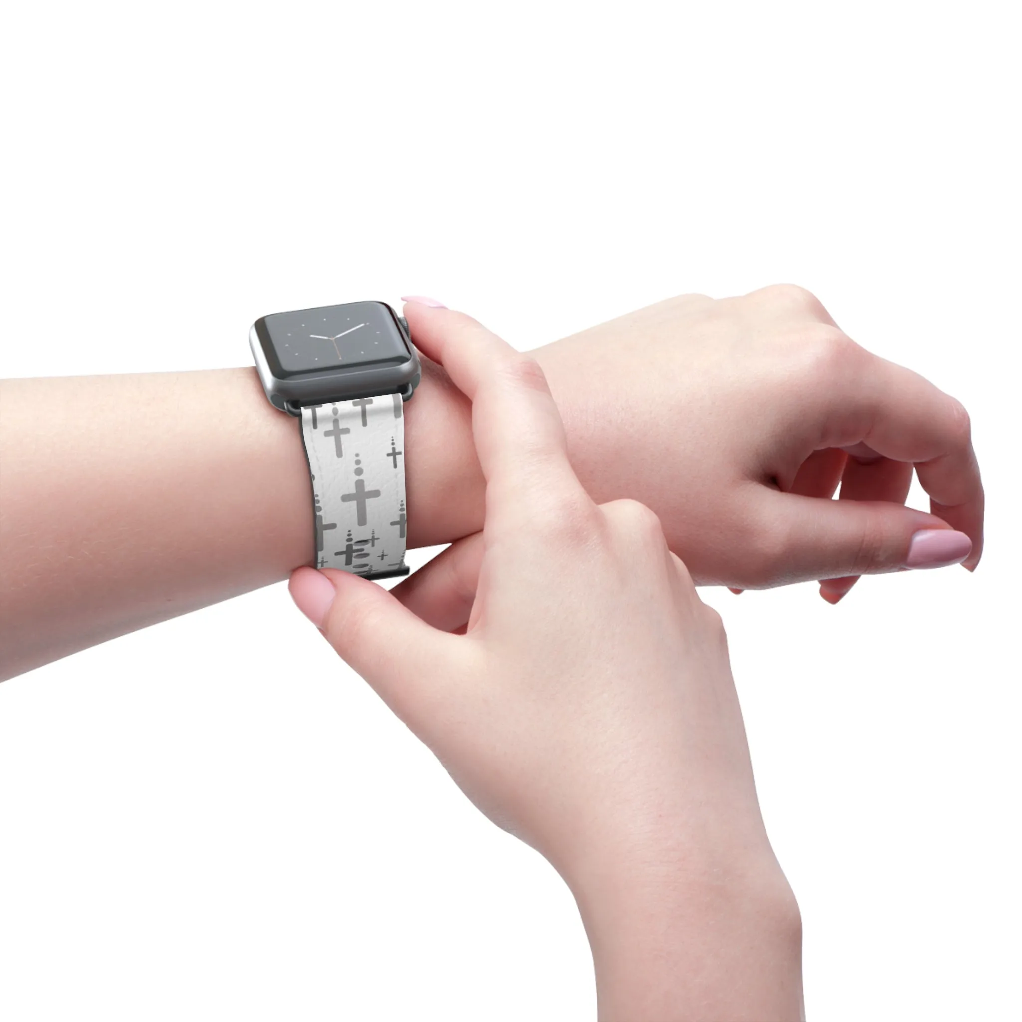 Crosses Watch Band - Silver Crosses/White Faux Leather 38-41/42-45