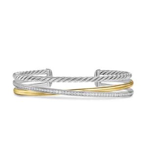Crossover Three Row Bracelet in Sterling Silver with 18K Yellow Gold and Diamonds, 11mm, Size Medium