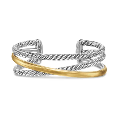 Crossover Three Row Cuff Bracelet in Sterling Silver with 14K Yellow Gold, 20mm, Size Large