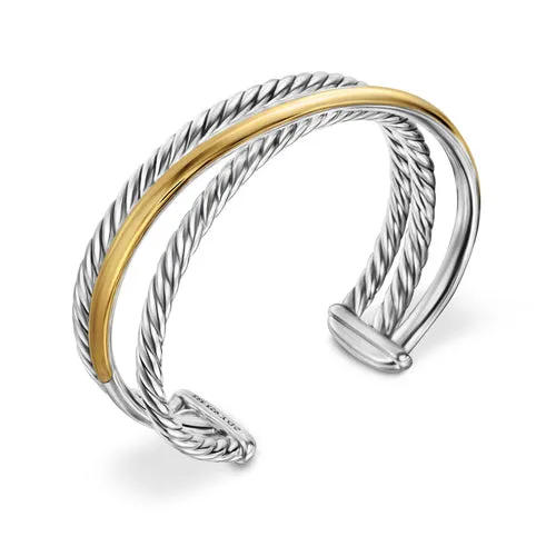 Crossover Three Row Cuff Bracelet in Sterling Silver with 14K Yellow Gold, 20mm, Size Large