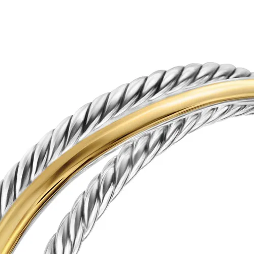 Crossover Three Row Cuff Bracelet in Sterling Silver with 14K Yellow Gold, 20mm, Size Large