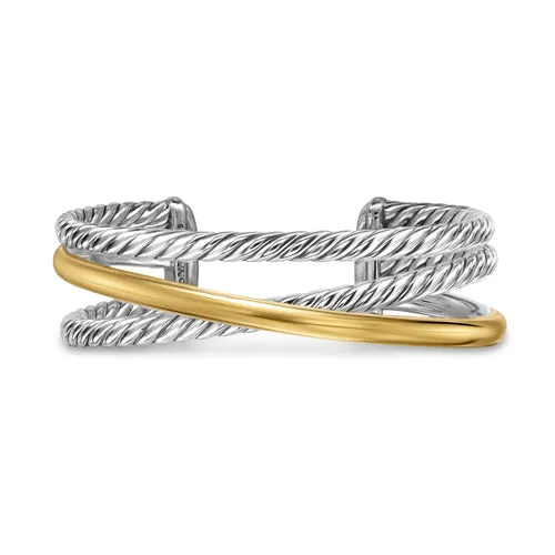 Crossover Three Row Cuff Bracelet in Sterling Silver with 14K Yellow Gold, 20mm, Size Large