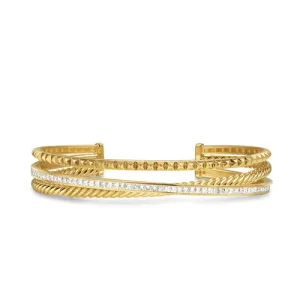 Crossover Trio Three Row Cuff Bracelet in 18K Yellow Gold with Diamonds, 11mm, Size Large