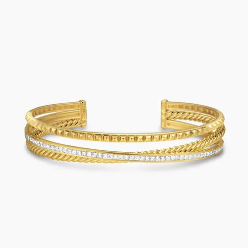 Crossover Trio Three Row Cuff Bracelet in 18K Yellow Gold with Diamonds, 11mm, Size Medium