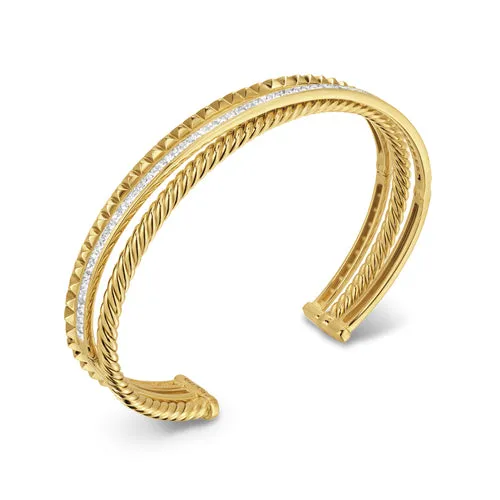 Crossover Trio Three Row Cuff Bracelet in 18K Yellow Gold with Diamonds, 11mm, Size Medium