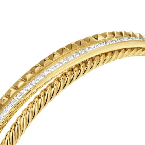 Crossover Trio Three Row Cuff Bracelet in 18K Yellow Gold with Diamonds, 11mm, Size Medium