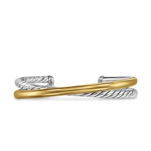 Crossover Two Row Cuff Bracelet in Sterling Silver with 14K Yellow Gold, 11mm, Size Large