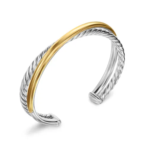 Crossover Two Row Cuff Bracelet in Sterling Silver with 14K Yellow Gold, 11mm, Size Large