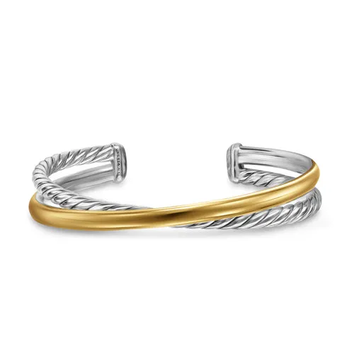 Crossover Two Row Cuff Bracelet in Sterling Silver with 14K Yellow Gold, 11mm, Size Large