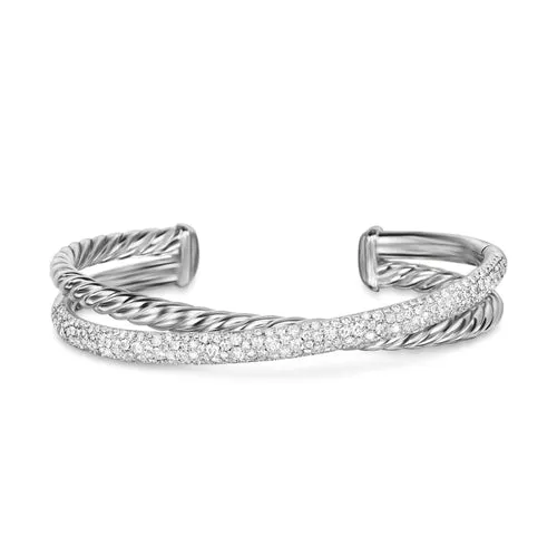 Crossover Two Row Cuff Bracelet in Sterling Silver with Diamonds, 11mm, Size Medium