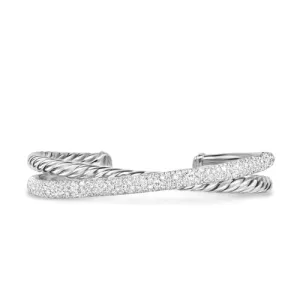 Crossover Two Row Cuff Bracelet in Sterling Silver with Diamonds, 11mm, Size Medium
