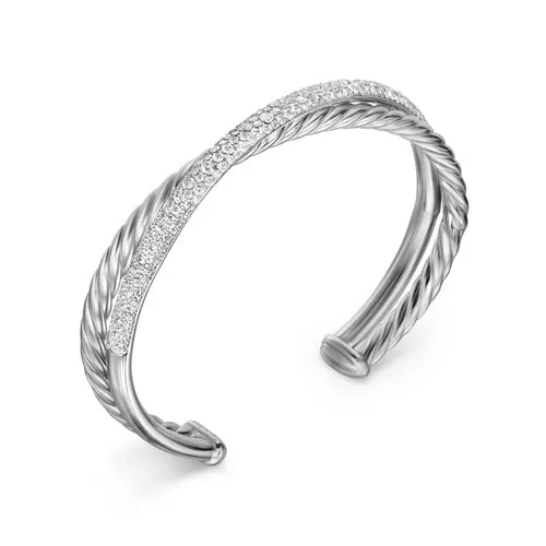 Crossover Two Row Cuff Bracelet in Sterling Silver with Diamonds, 11mm, Size Medium