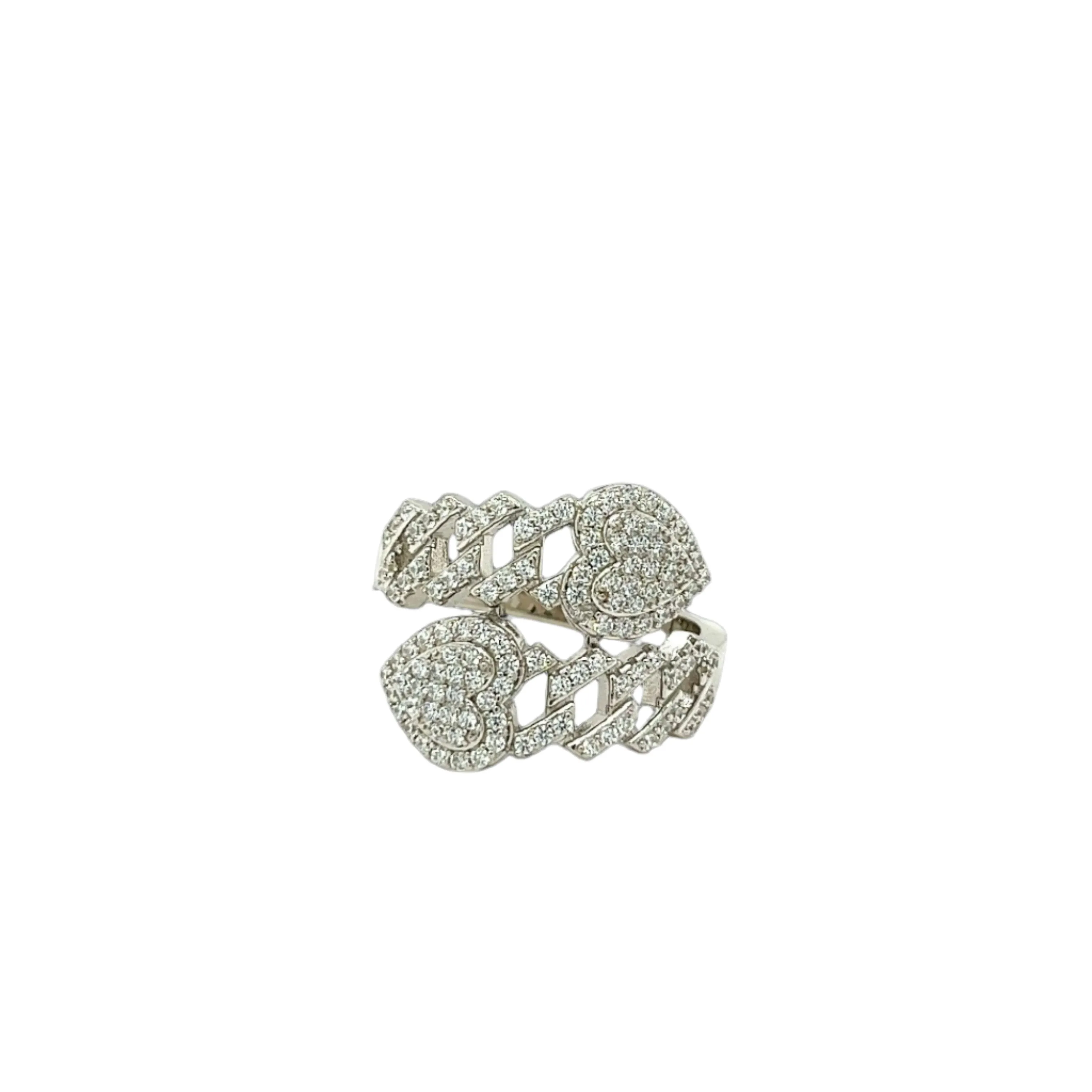 Cuban Link Sterling Silver Double Heart Lab-Created Moissanite Ring -M112239