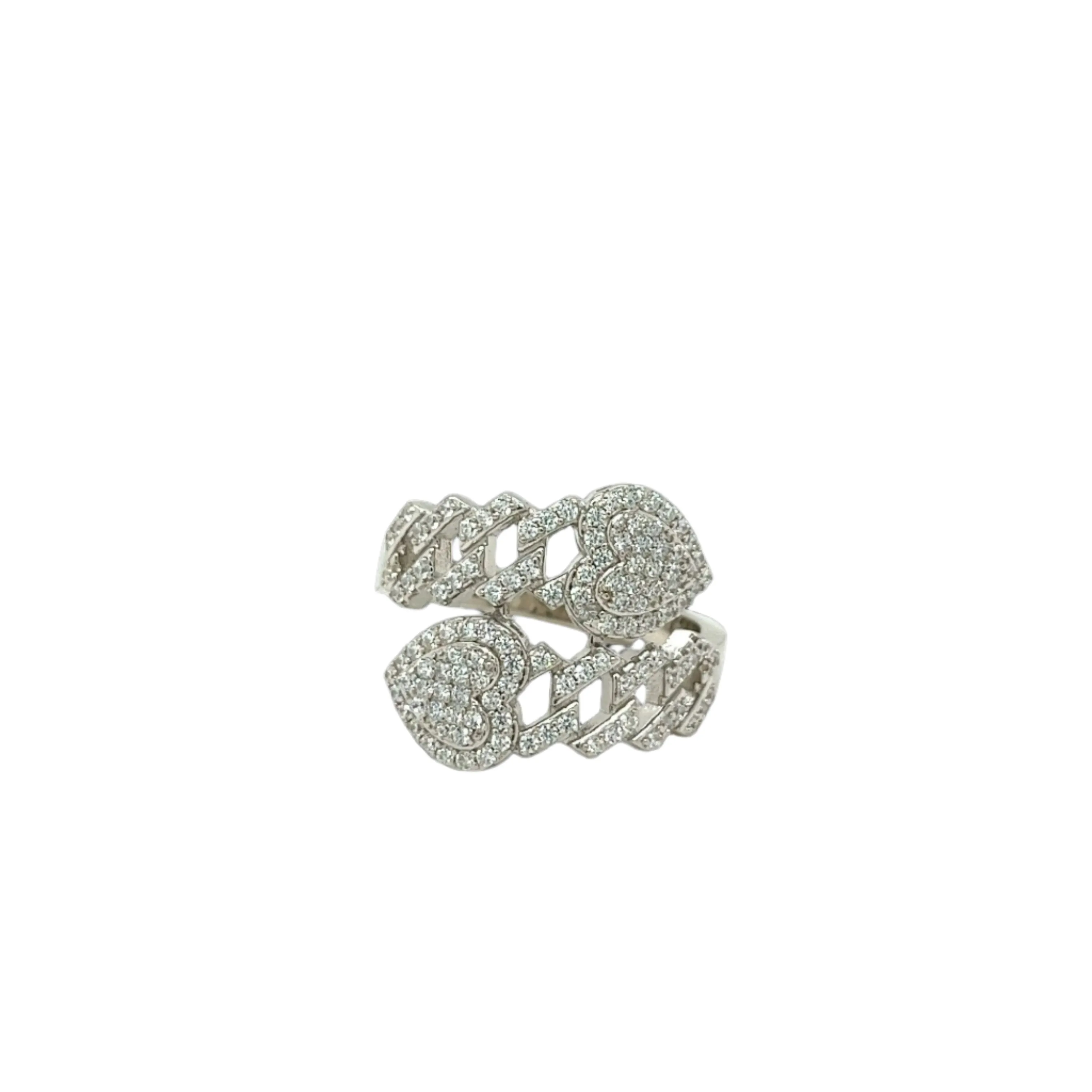 Cuban Link Sterling Silver Double Heart Lab-Created Moissanite Ring -M112239