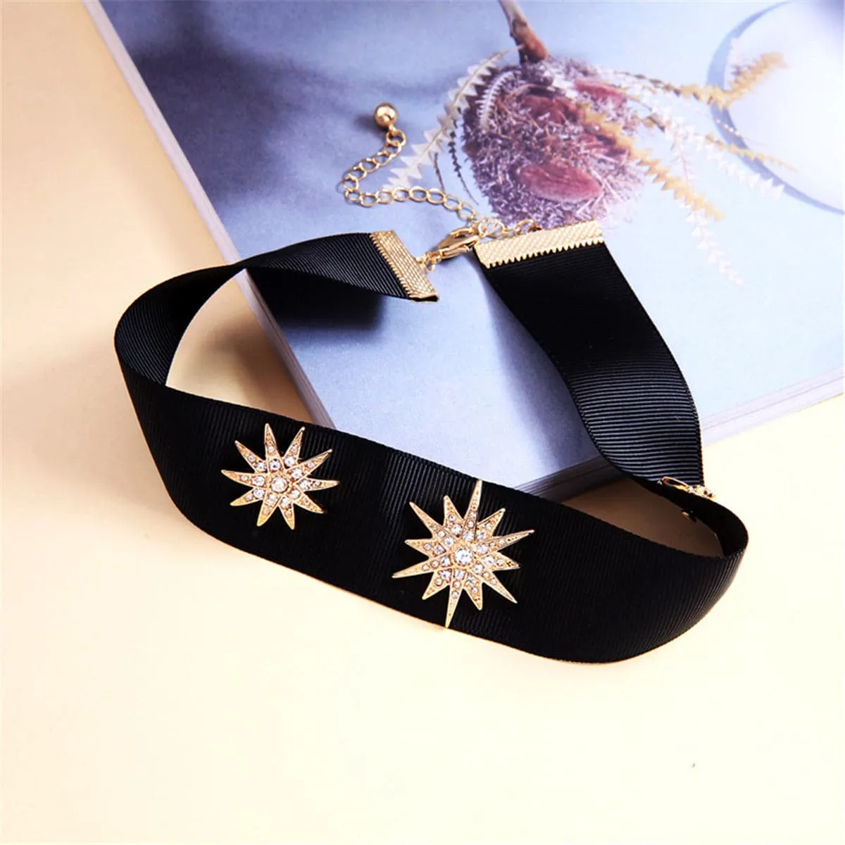 Cubic Zirconia & 18K Gold-Plated Ribbon Star Choker Necklace