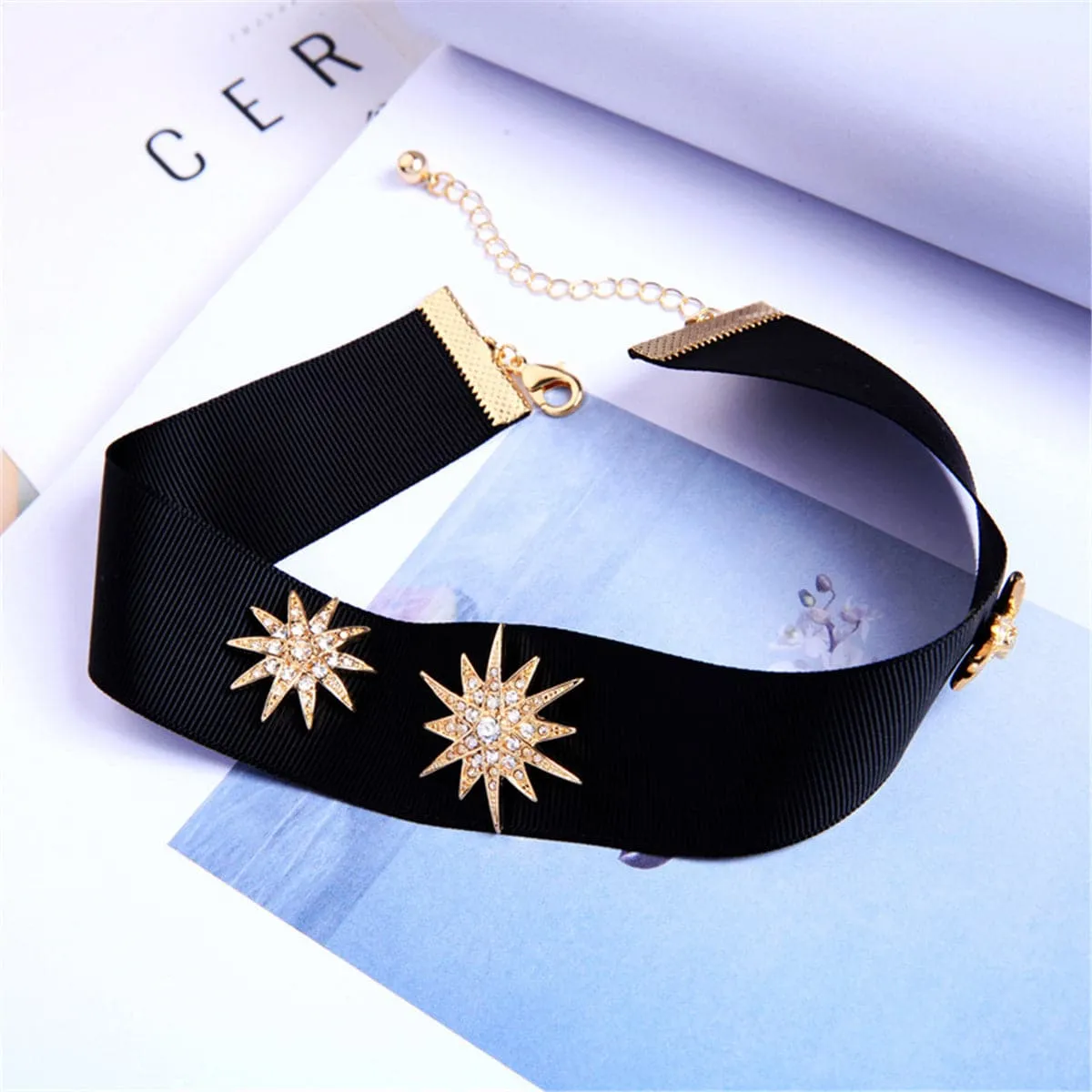 Cubic Zirconia & 18K Gold-Plated Ribbon Star Choker Necklace