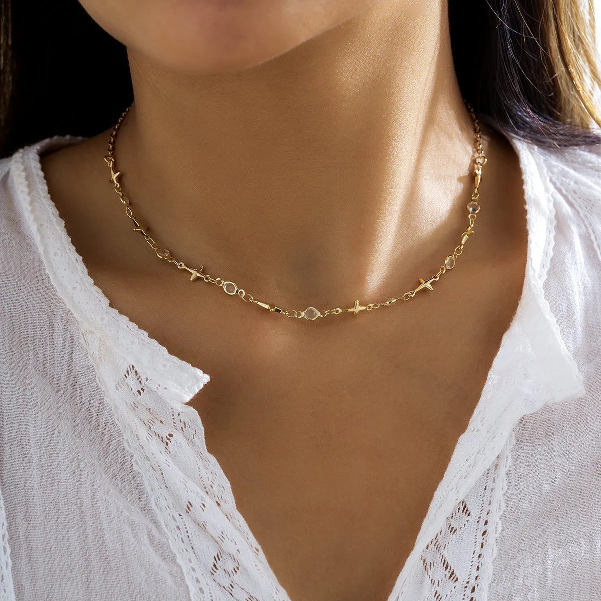Cubic Zirconia & 18K Gold-Plated Star Station Necklace