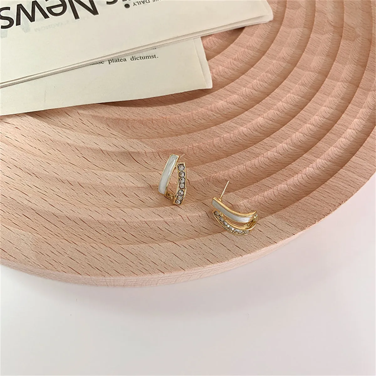 Cubic Zirconia & Enamel 18K Gold-Plated Curved Bar Stud Earrings