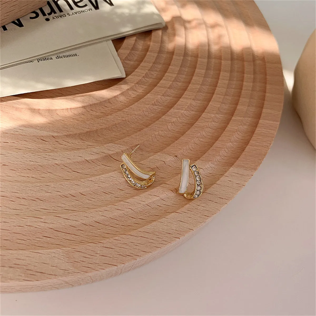 Cubic Zirconia & Enamel 18K Gold-Plated Curved Bar Stud Earrings