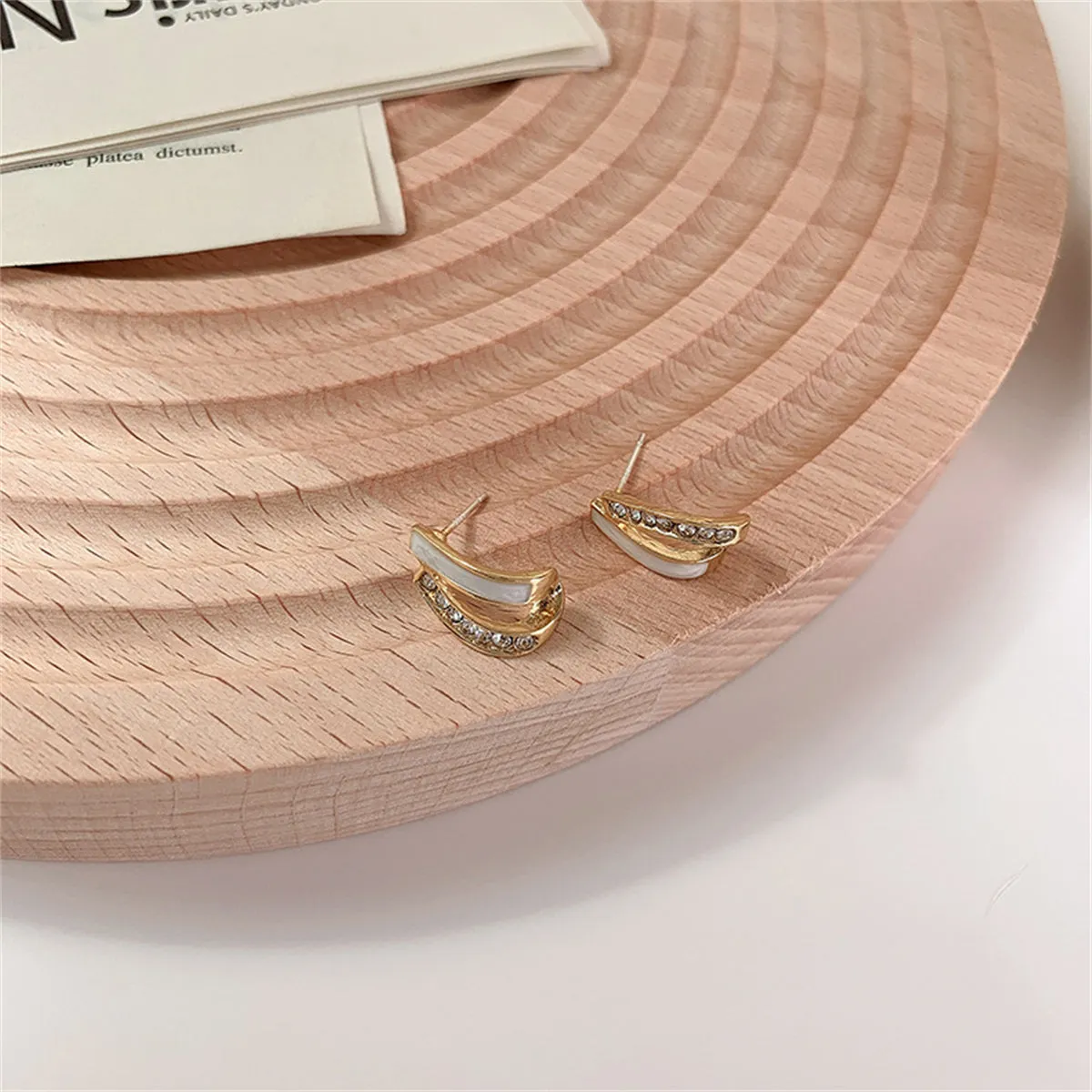 Cubic Zirconia & Enamel 18K Gold-Plated Curved Bar Stud Earrings