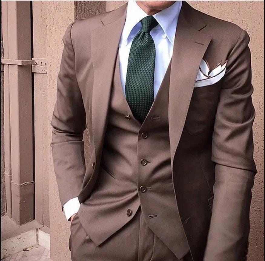 Custom Three-Piece Brown Suit for Men - Tailored Wedding & Engagement Attire
