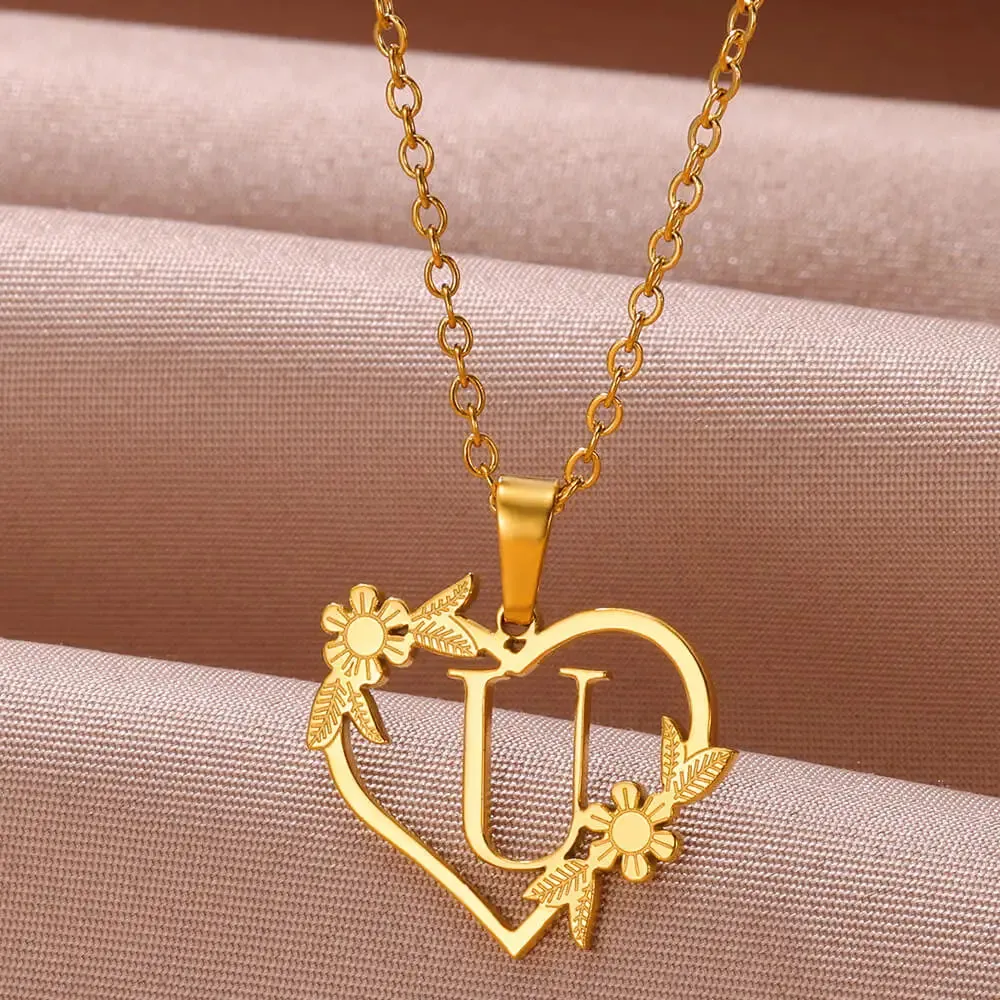 Dainty Flower Initials  Women Girl Stainless Steel Heart Letter Choker Necklace