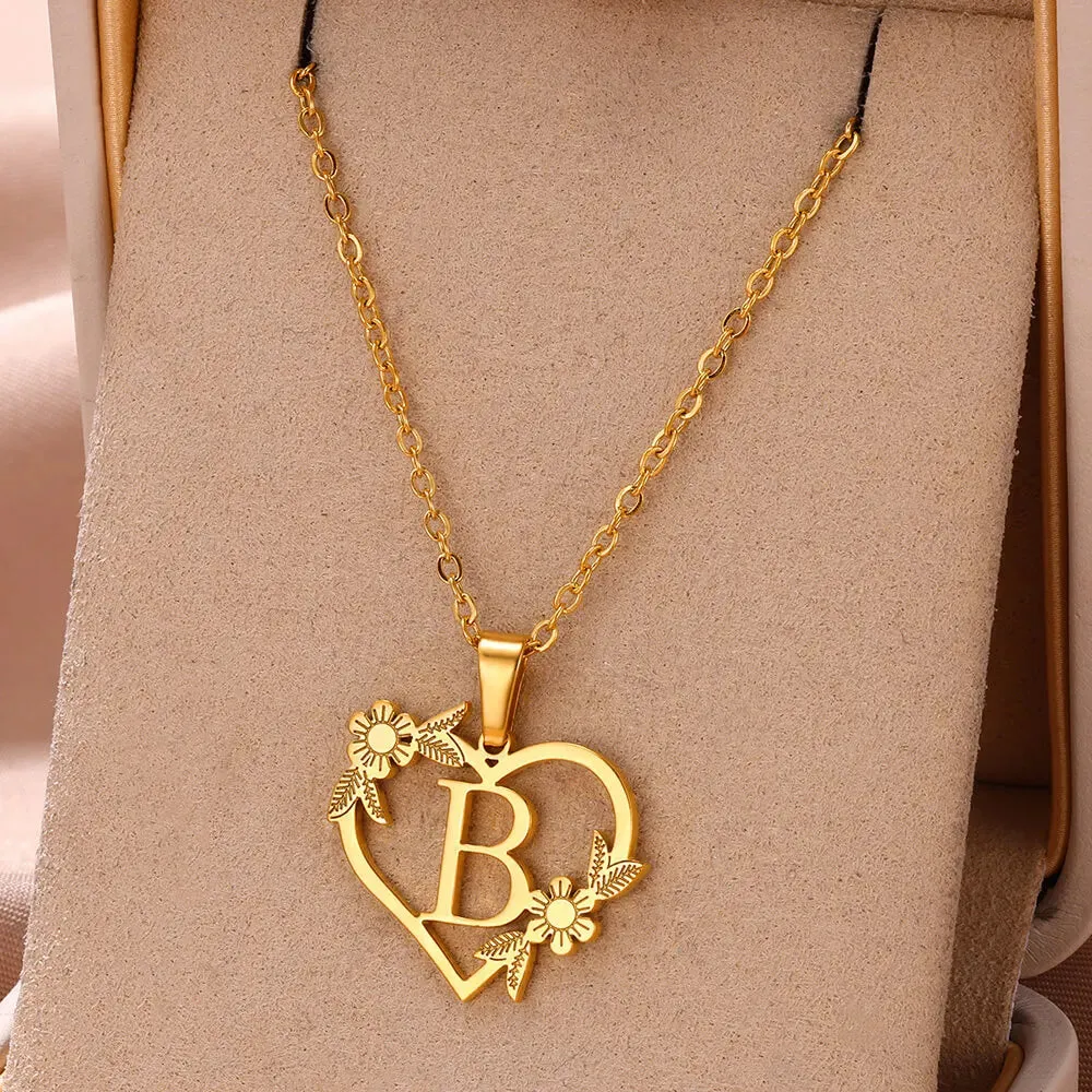 Dainty Flower Initials  Women Girl Stainless Steel Heart Letter Choker Necklace