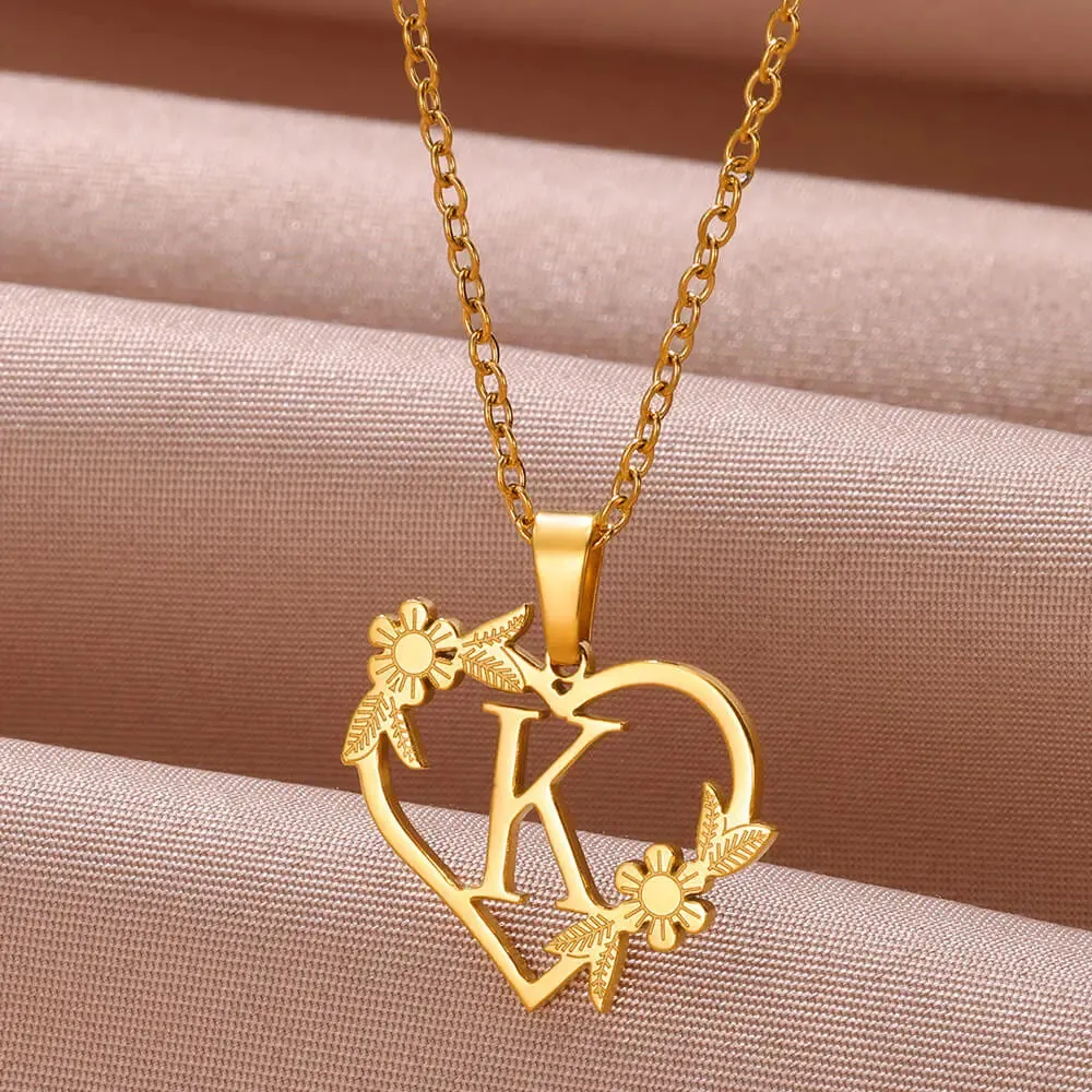 Dainty Flower Initials  Women Girl Stainless Steel Heart Letter Choker Necklace