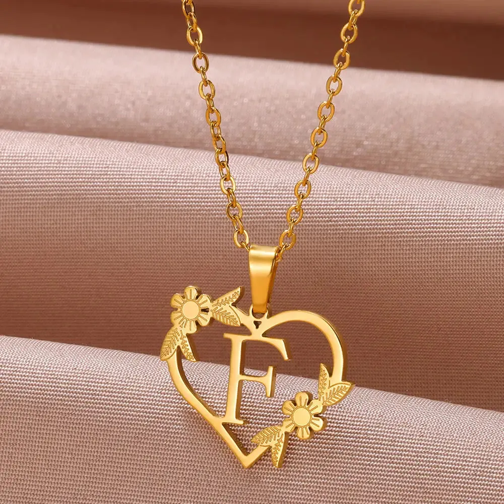 Dainty Flower Initials  Women Girl Stainless Steel Heart Letter Choker Necklace