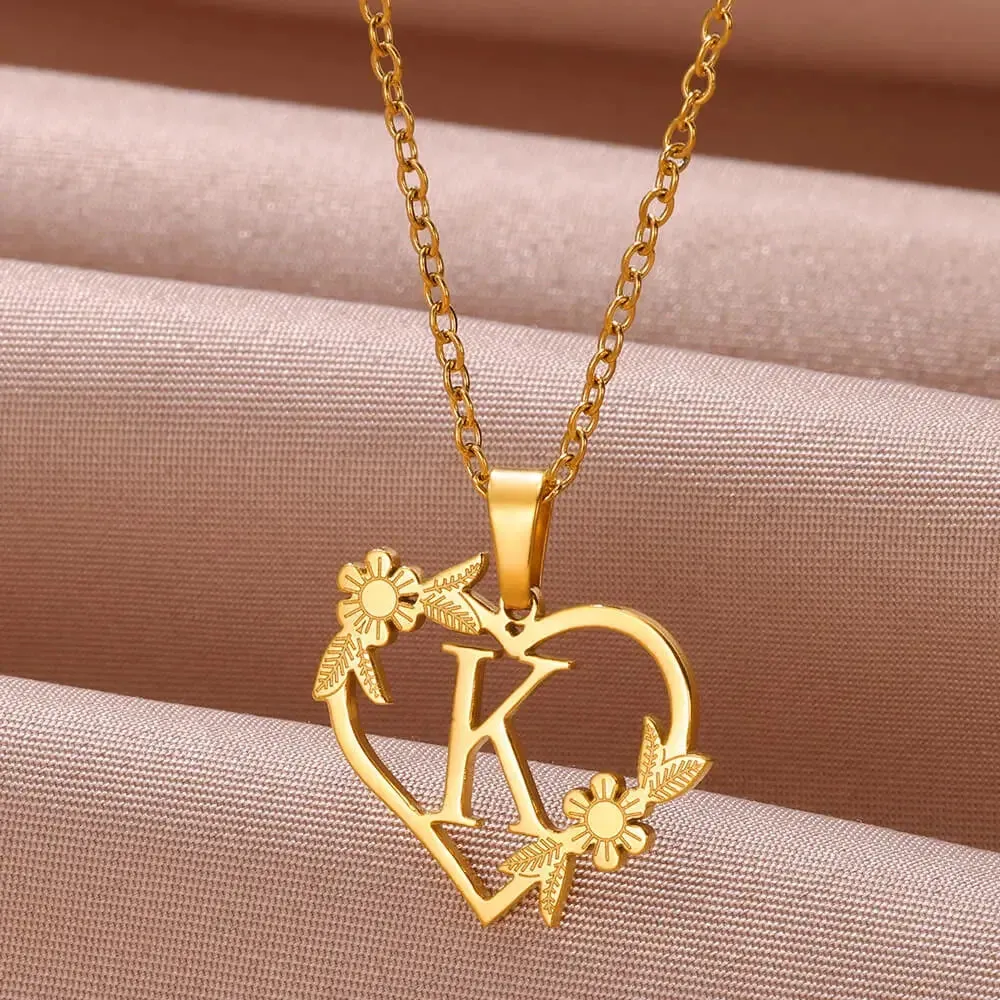 Dainty Flower Initials  Women Girl Stainless Steel Heart Letter Choker Necklace