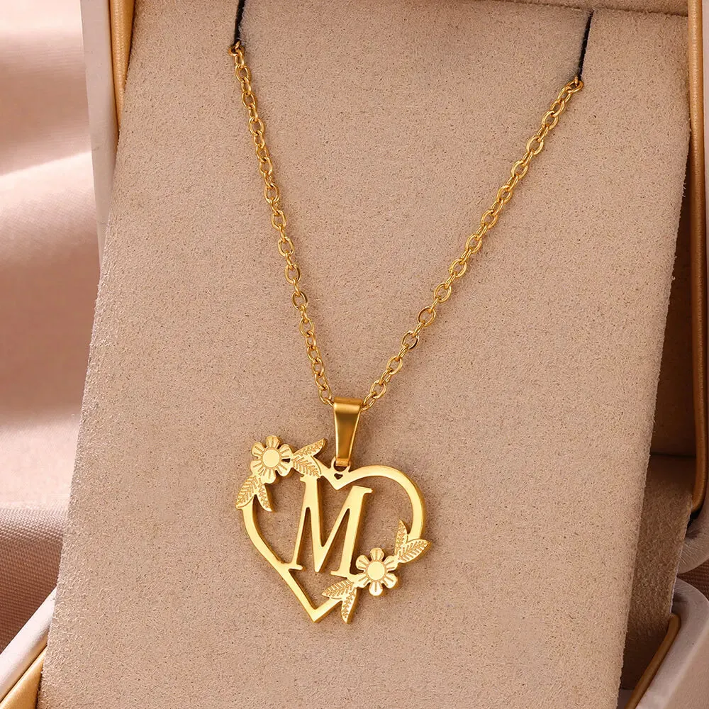 Dainty Flower Initials  Women Girl Stainless Steel Heart Letter Choker Necklace