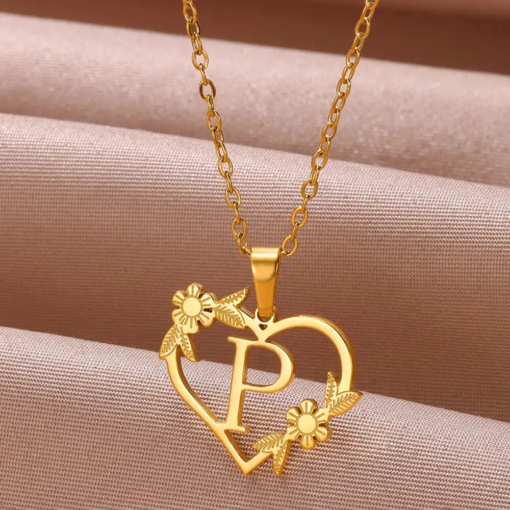 Dainty Flower Initials  Women Girl Stainless Steel Heart Letter Choker Necklace