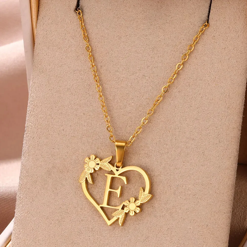 Dainty Flower Initials  Women Girl Stainless Steel Heart Letter Choker Necklace