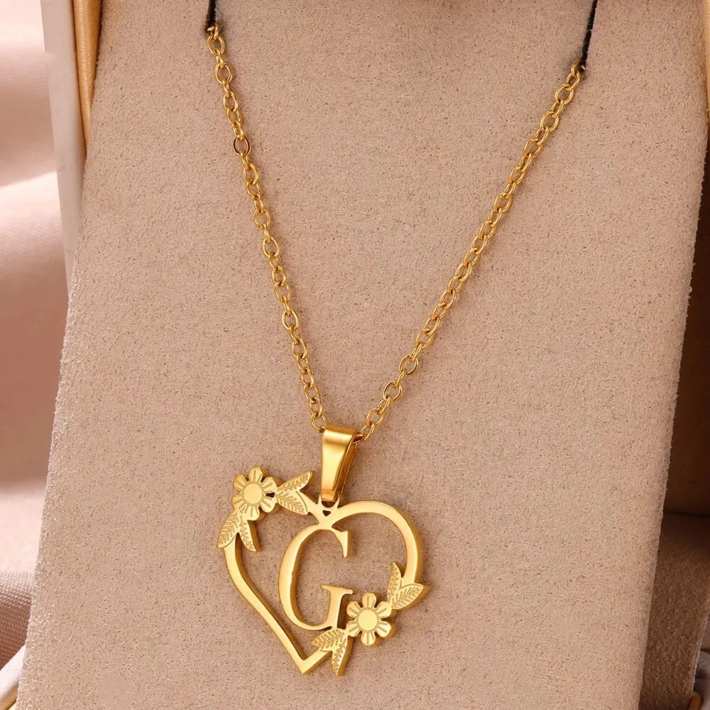 Dainty Flower Initials  Women Girl Stainless Steel Heart Letter Choker Necklace