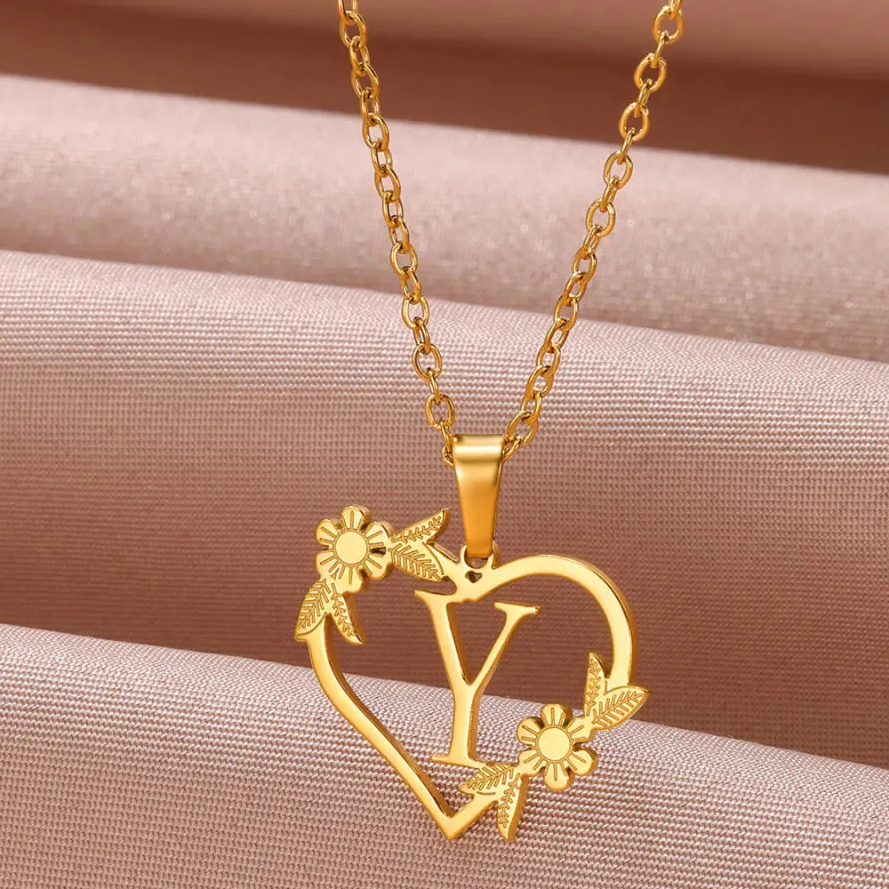 Dainty Flower Initials  Women Girl Stainless Steel Heart Letter Choker Necklace