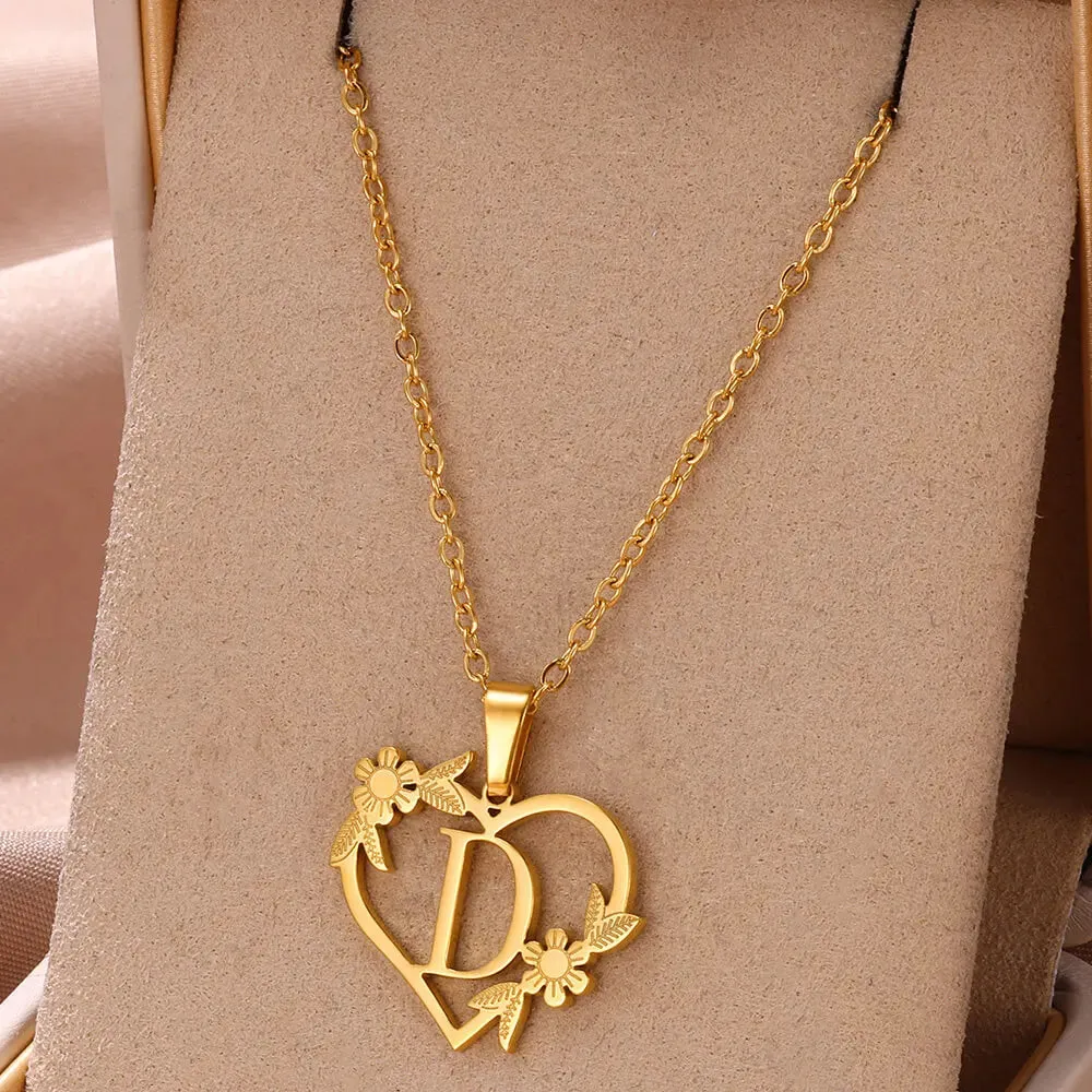 Dainty Flower Initials  Women Girl Stainless Steel Heart Letter Choker Necklace