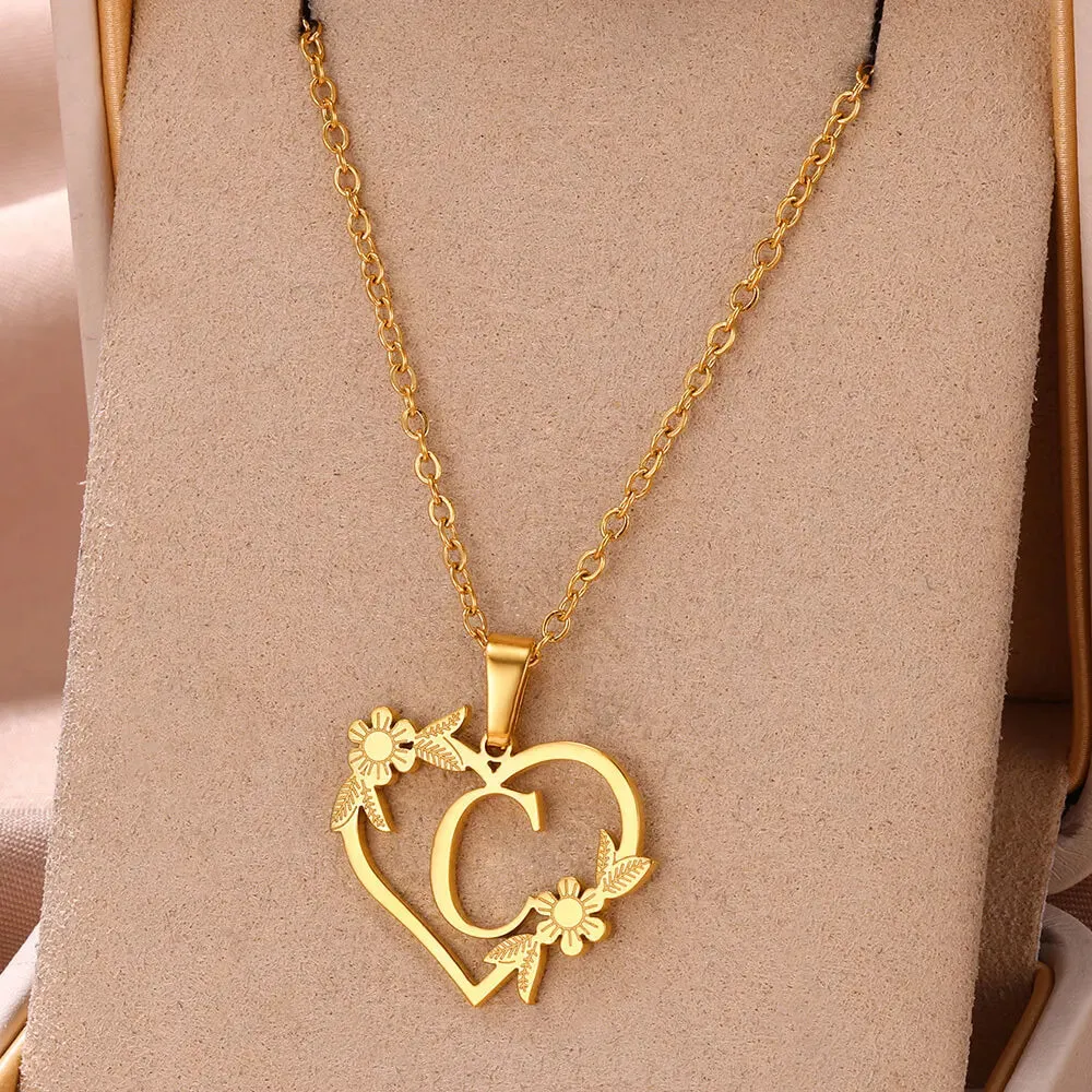 Dainty Flower Initials  Women Girl Stainless Steel Heart Letter Choker Necklace