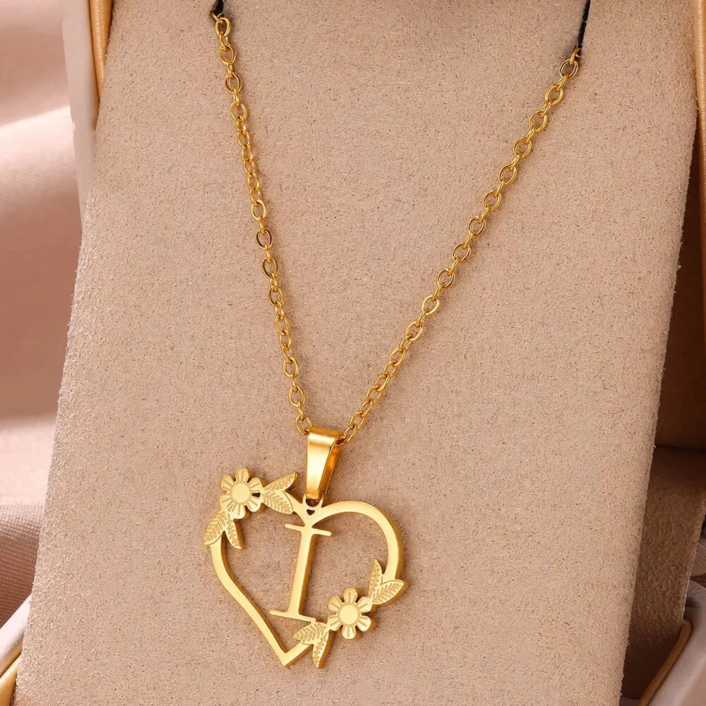 Dainty Flower Initials  Women Girl Stainless Steel Heart Letter Choker Necklace