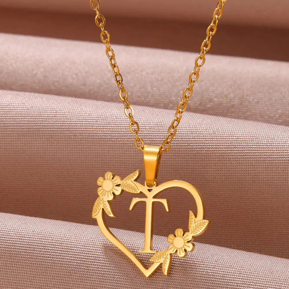 Dainty Flower Initials  Women Girl Stainless Steel Heart Letter Choker Necklace