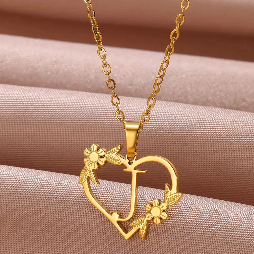 Dainty Flower Initials  Women Girl Stainless Steel Heart Letter Choker Necklace