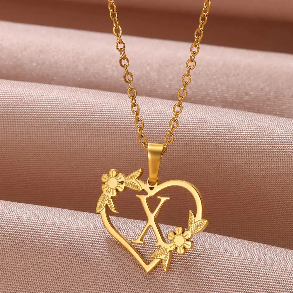 Dainty Flower Initials  Women Girl Stainless Steel Heart Letter Choker Necklace