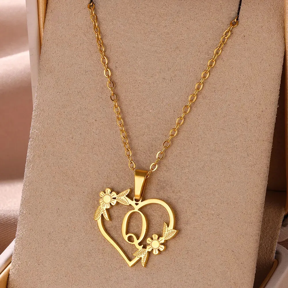 Dainty Flower Initials  Women Girl Stainless Steel Heart Letter Choker Necklace