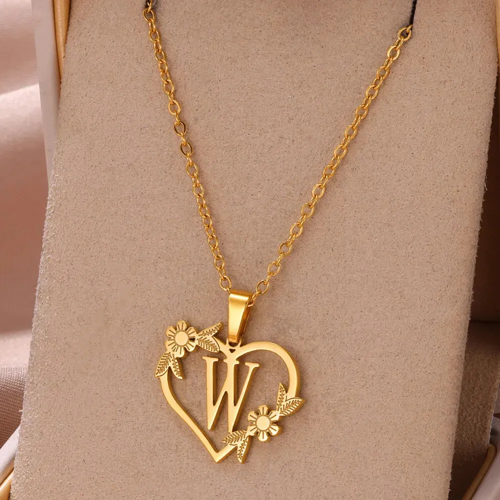 Dainty Flower Initials  Women Girl Stainless Steel Heart Letter Choker Necklace